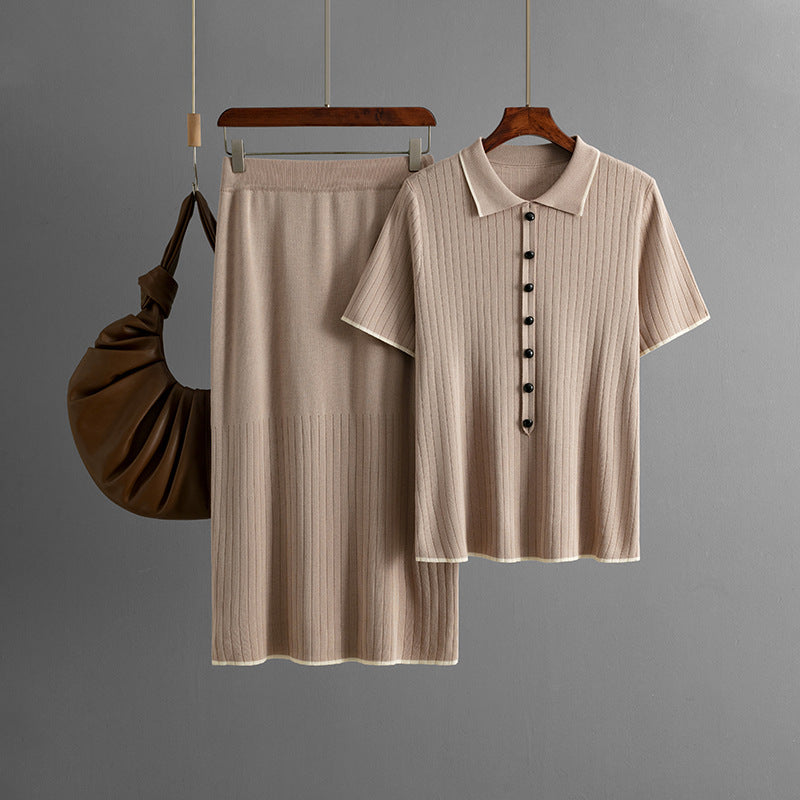 Conjunto elegante de falda de punto para mujer, primavera y verano, cuello polo, dos piezas