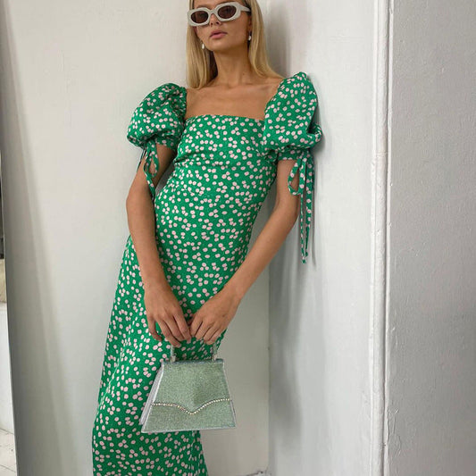 French Women Clothing Summer Holiday Dress Floral Puff Sleeve off Neck Slim Fit Long Dress