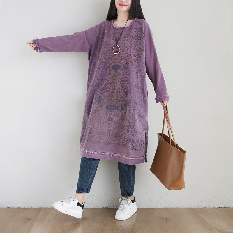 Suéter con personalidad, arte étnico, cuello redondo, largo medio, vestido morado degradado