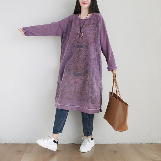 Suéter con personalidad, arte étnico, cuello redondo, largo medio, vestido morado degradado