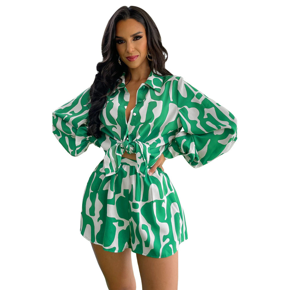 Camisa larga holgada estampada, pantalones cortos informales para mujer, traje de verano de dos piezas