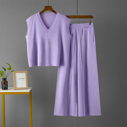 Traje de mujer con cuello en V, suelto, sin mangas, de punto, chaleco, top de cintura alta, suelto, adelgazante, informal, con abertura, pantalones de pierna ancha