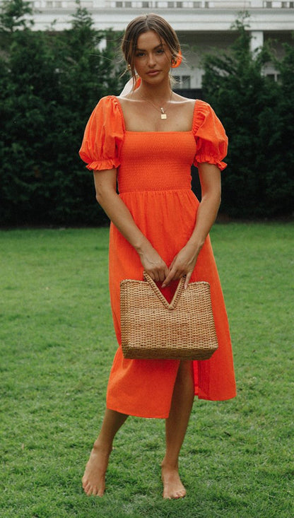 Vestido largo informal con mangas abullonadas y abertura para mujer