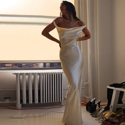 Vestido de satén sexy con hombros descubiertos para mujer, vestido ligero de lujo, elegante, con cola de pez