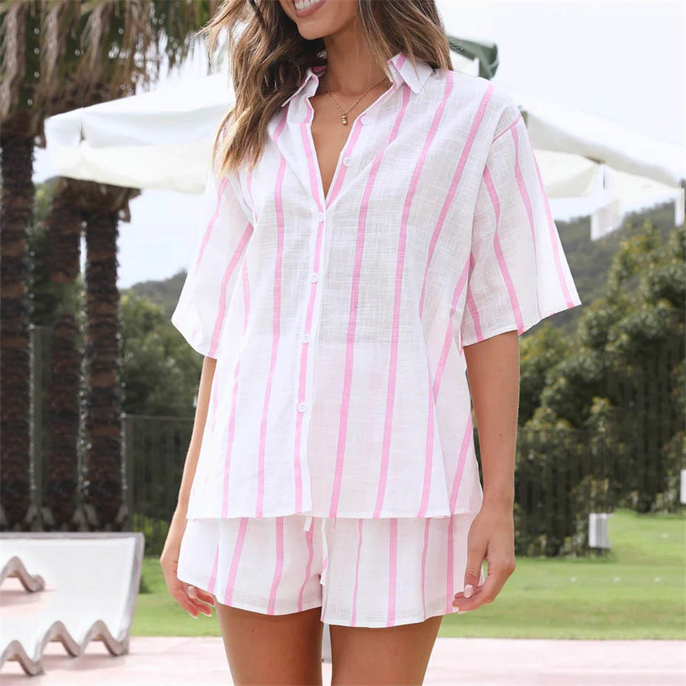 Camisa de manga corta con estampado de rayas para primavera y verano, traje informal de playa de dos piezas para mujer