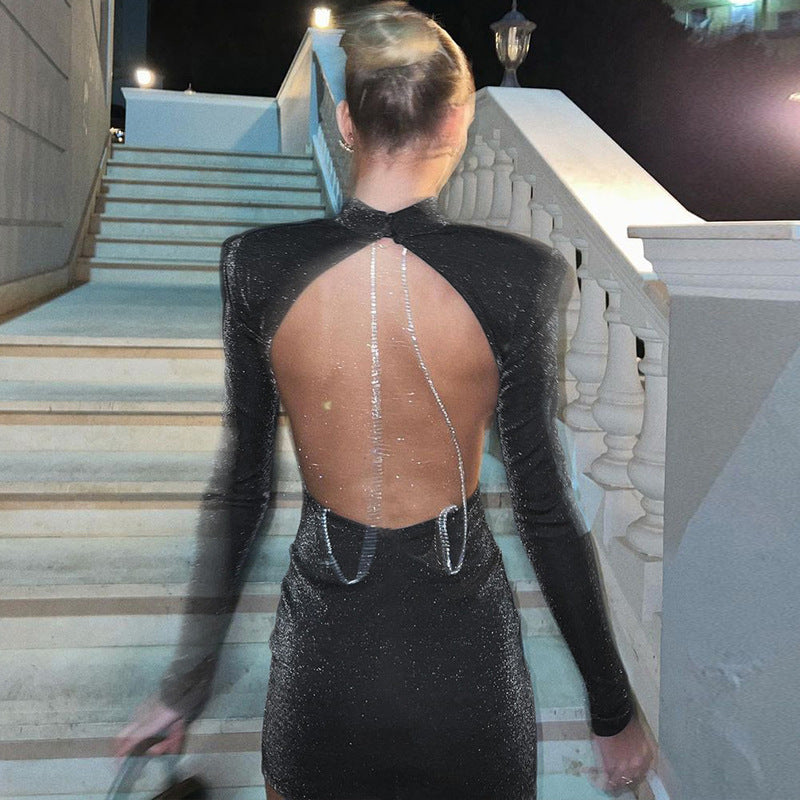 Vestido ajustado de manga larga con cuello redondo y espalda descubierta para mujer