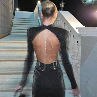 Vestido ajustado de manga larga con cuello redondo y espalda descubierta para mujer