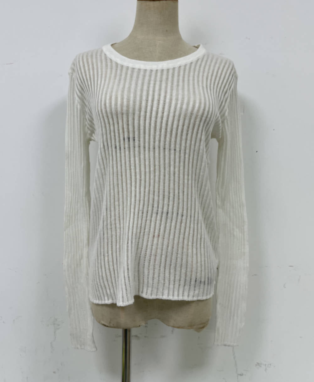 Top de lana de punto fino y transpirable con cuello redondo y manga larga para primavera y verano