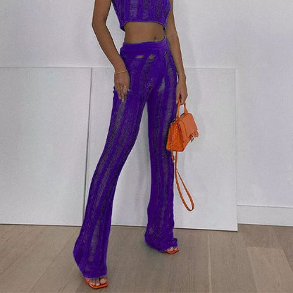 Traje de dos piezas de punto de color sólido, sexy, chaleco y pantalones, conjunto de dos piezas para mujer