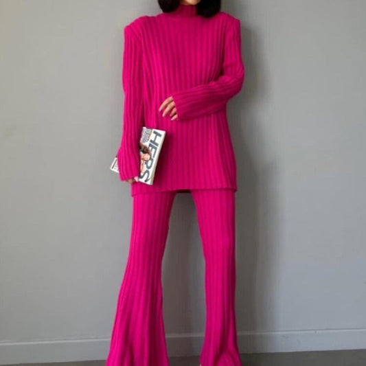Conjunto de dos piezas de lana con cuello alto y ribete de canalé para mujer, para otoño e invierno