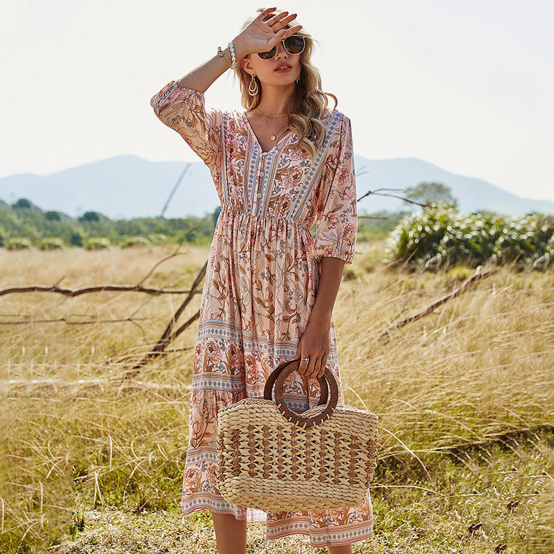 Vestido bohemio de cintura alta con escote en V y largo medio de corte A