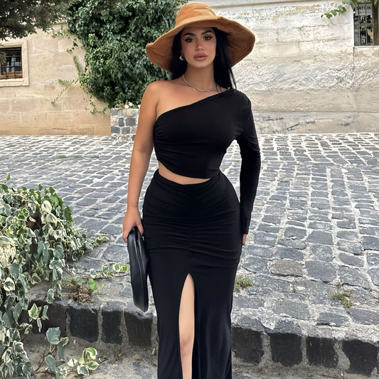 Women Clothing Autumn Winter Sexy Solid Color Split Slim Fit Diagonal Collar Floor Dress Women