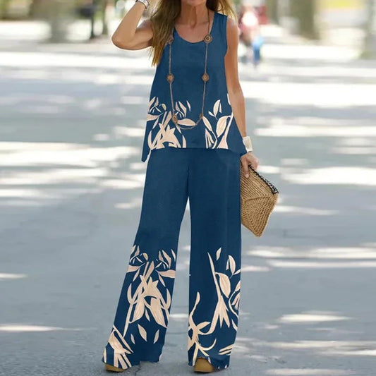 Conjunto de dos piezas formado por top y pantalón de cintura alta elástico, informal, estampado, sin mangas, para mujer, verano