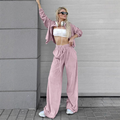 Collared Long Sleeved Trousers Loose Sweater Autumn Winter Two Piece Set