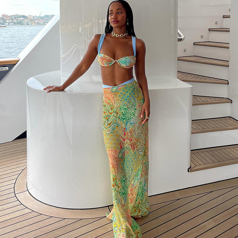 Conjunto de tres piezas con falda de cintura alta y top atado con contraste de color y estampado sexy de primavera