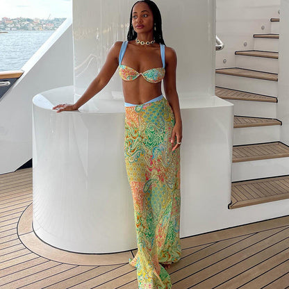 Conjunto de tres piezas con falda de cintura alta y top atado con contraste de color y estampado sexy de primavera