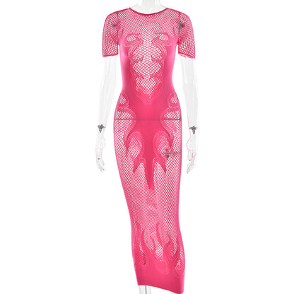 Sexy Cutout See through Tight Dress Sexy Flame Details Fishnet round Neck Dress