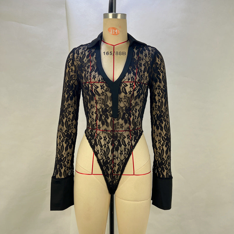 Conjunto de top de manga larga con escote en V profundo y costuras de encaje sexy para mujer, pantalones acampanados de cintura alta transparentes y ajustados