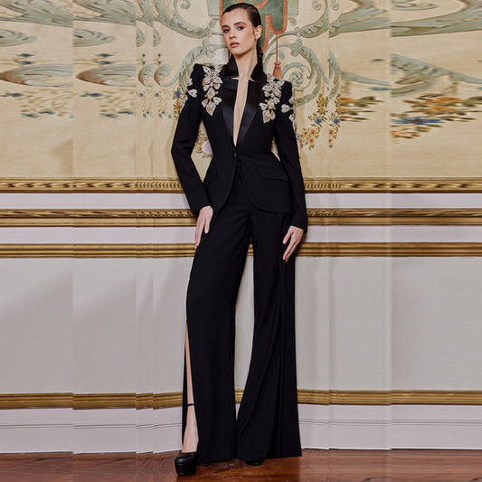 Blazer con cuello alto y cuentas de diamantes de imitación, pantalón dividido, traje