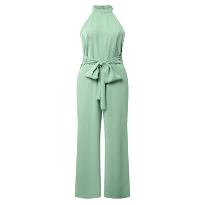 Mono informal de verano de color liso sin mangas con cuello halter y cintura alta con cordones y corte recto