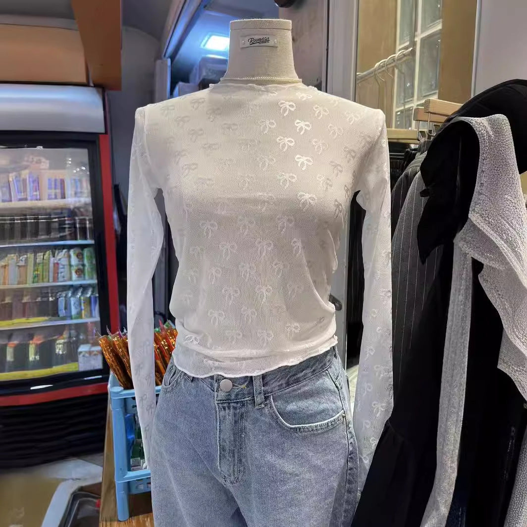 Camiseta de manga larga con lazo japonés, de malla elástica, para primavera y verano
