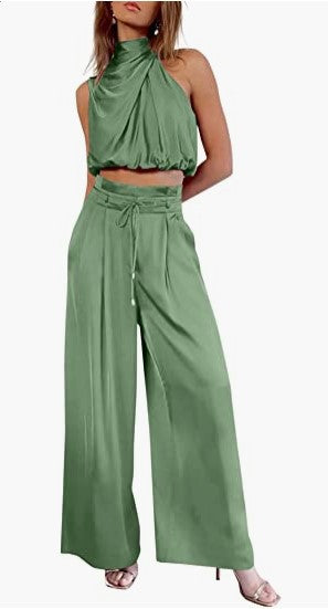 Conjunto de dos piezas informal sin mangas con cuello para mujer, pantalones de pierna ancha, top corto de verano