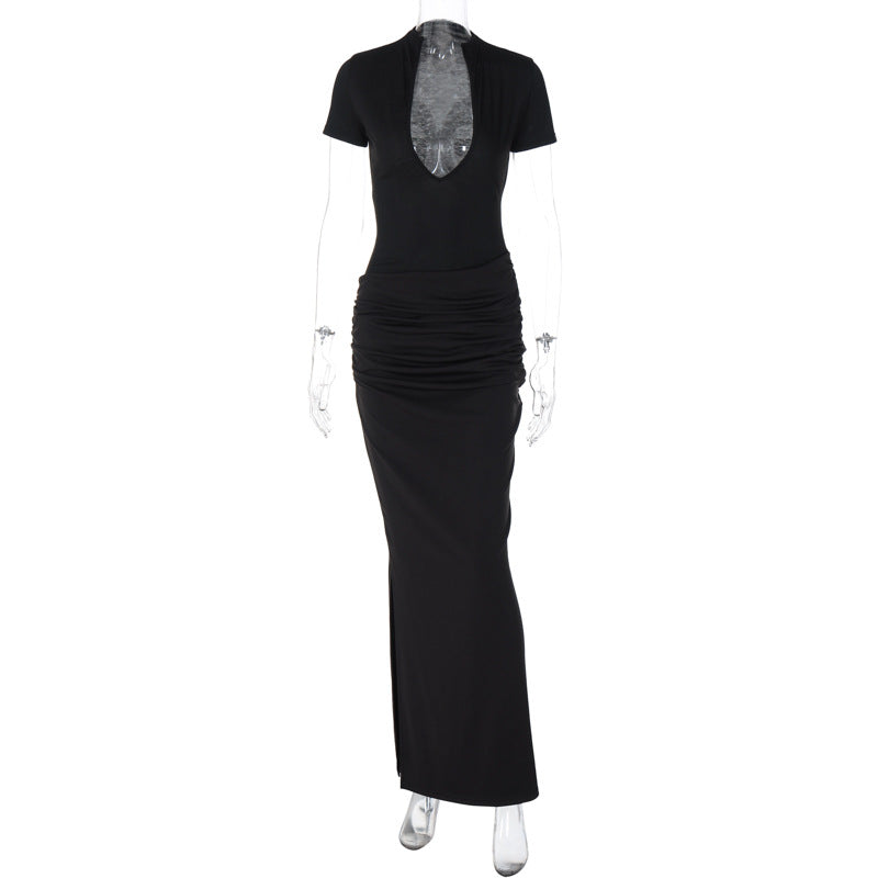 Vestido largo plisado sexy de manga corta con escote en V profundo para mujer de invierno