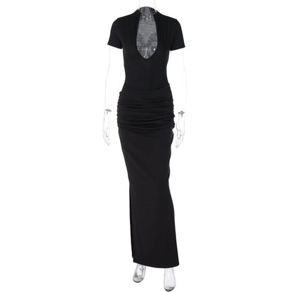 Vestido largo plisado sexy de manga corta con escote en V profundo para mujer de invierno