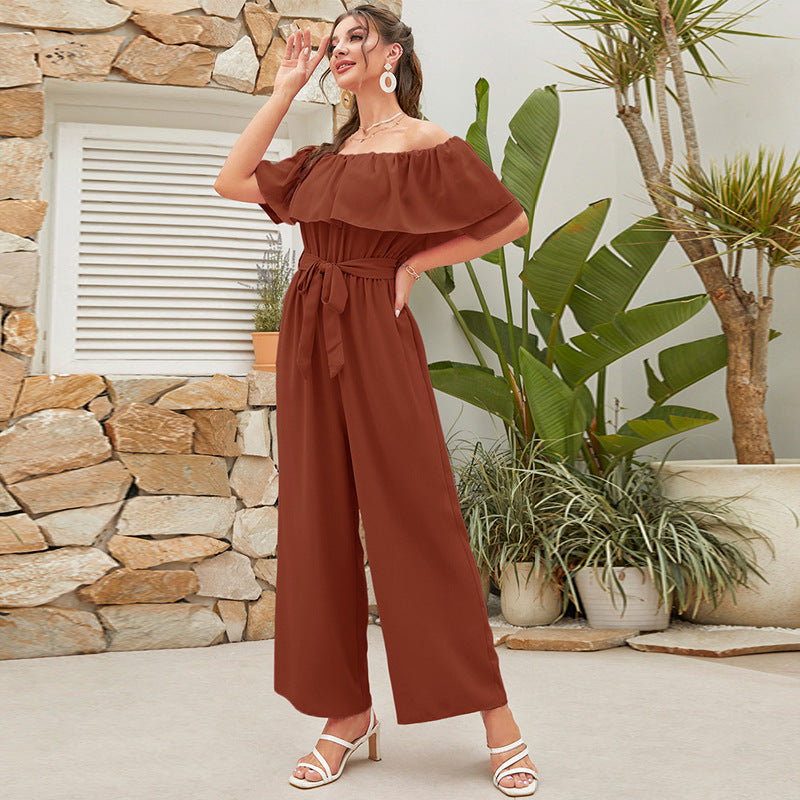 Pantalones anchos de pierna con cordones y mangas con volantes y hombros descubiertos para mujer