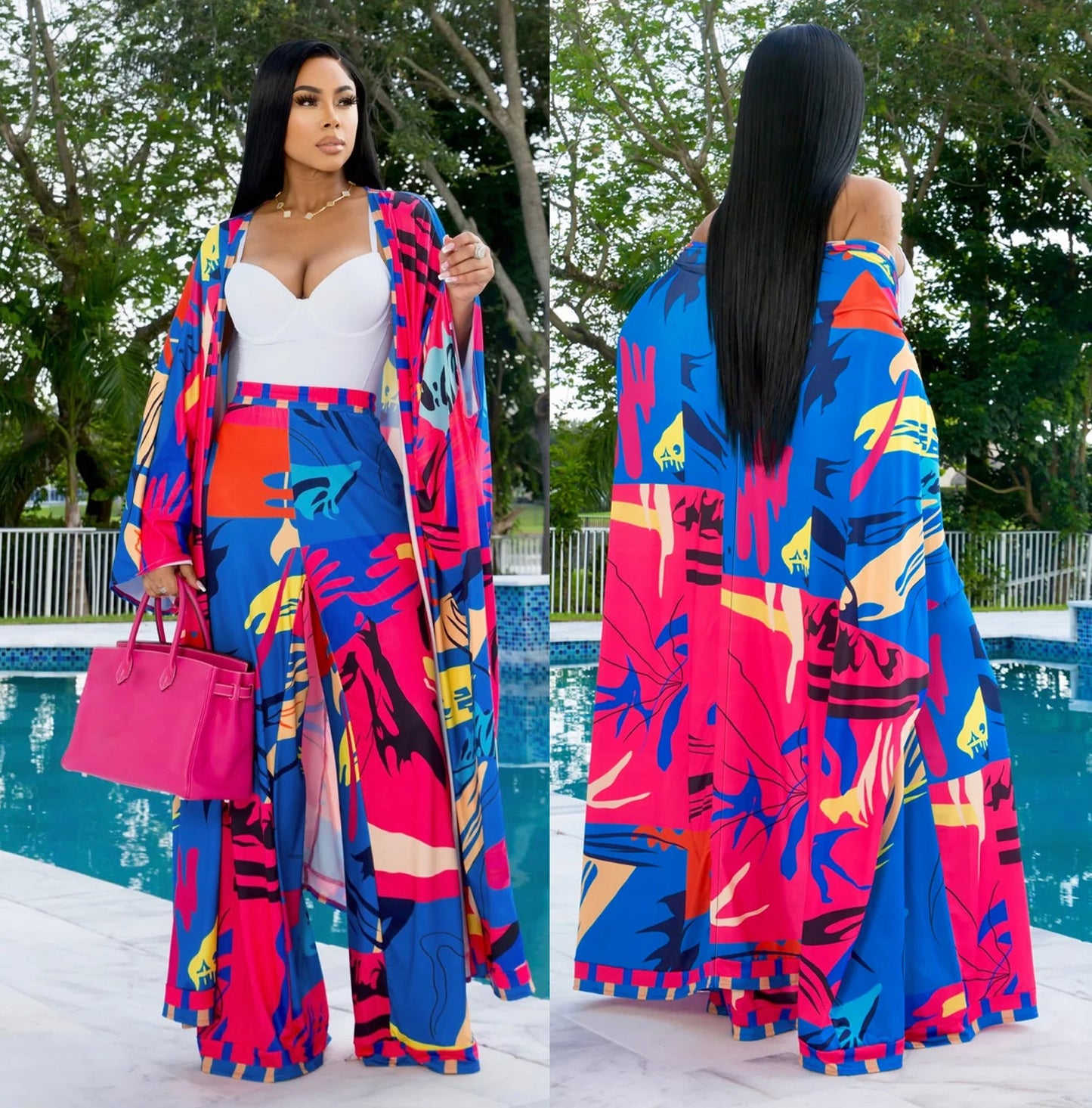 Spring Autumn Casual Set Printed Cardigan Shawl Long Sleeve Wide Leg Trousers Two Piece Set