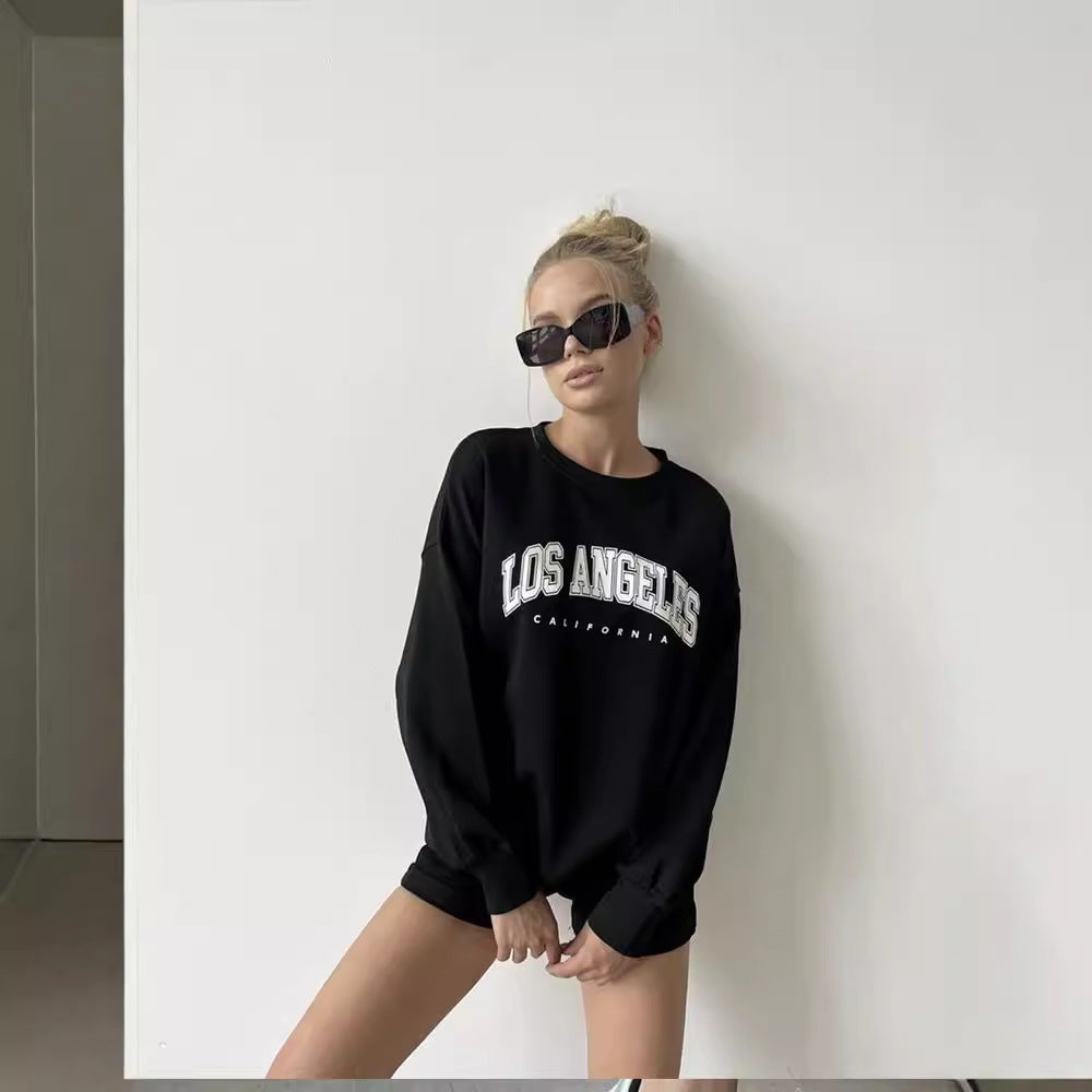 Sudadera holgada con estampado de letras retro y manga larga con forro polar para otoño e invierno
