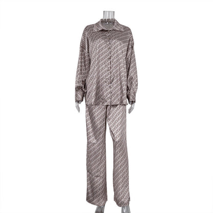 Traje de dos piezas de satén estampado para mujer, camisa holgada de manga larga y pantalones de primavera
