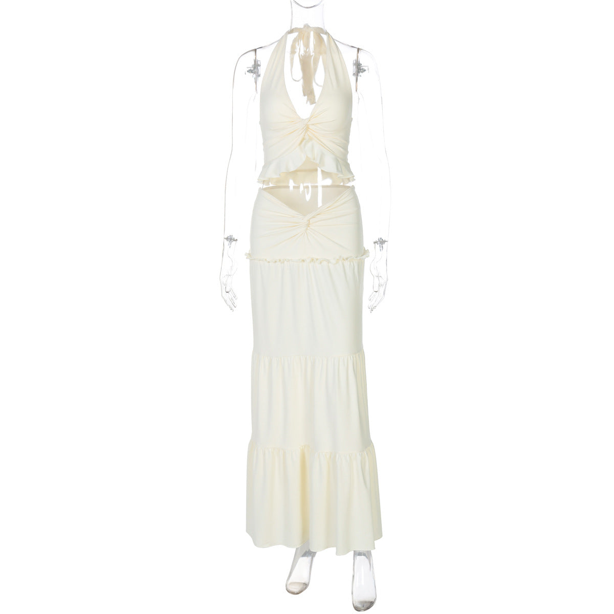 Conjunto de ropa de invierno para mujer, sexy, con escote en V, volantes, tirantes finos y falda retorcida