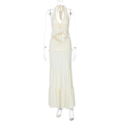 Conjunto de ropa de invierno para mujer, sexy, con escote en V, volantes, tirantes finos y falda retorcida