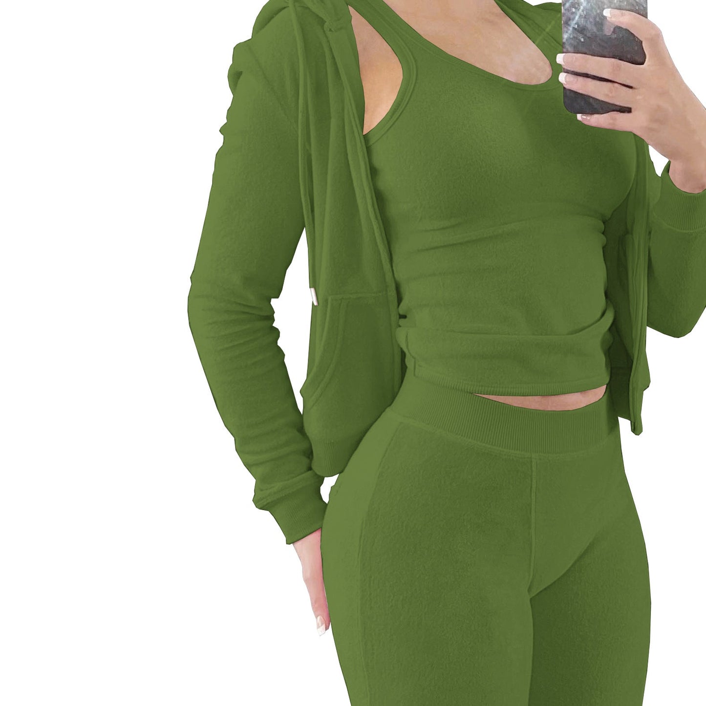 Conjunto de tres piezas de chaleco con capucha de felpa para otoño e invierno de International Station para mujer