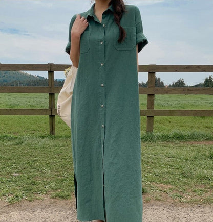 Vestido coreano de verano de manga corta con estampado largo, holgado y holgado, camisero por encima de la rodilla para mujer
