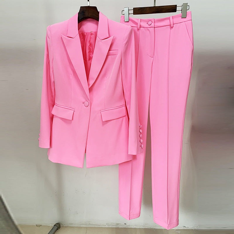 Traje de negocios Star con un botón y cubierta de tela, largo medio, pantalones ajustados, traje de dos piezas