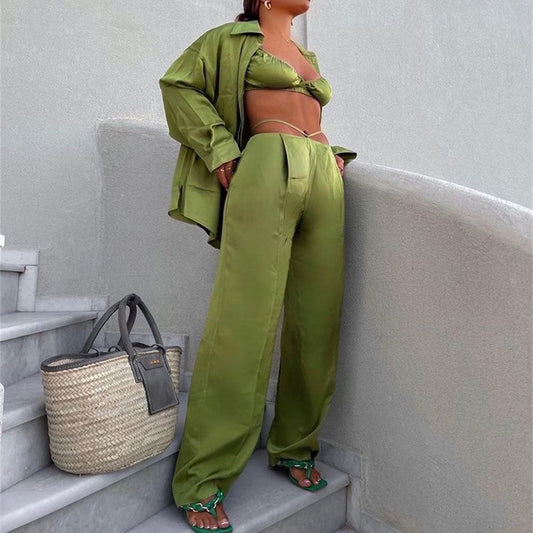 Traje de tres piezas para mujer, sexy, informal, para vacaciones, primavera y verano, camisa de satén, chaleco, pantalones de pierna recta