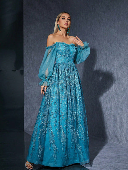 Vestido de noche con hombros descubiertos, mangas abullonadas y caída hacia abajo, elegante vestido de actuación para presentadora