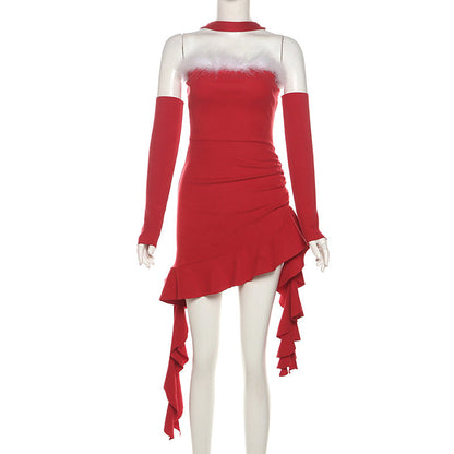 Vestido asimétrico irregular con puños largos y cuello alto sexy para mujer de invierno y Navidad