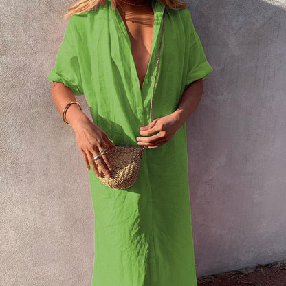 Vestido camisero de lino y algodón de longitud media con solapas sueltas de color liso para mujer de otoño