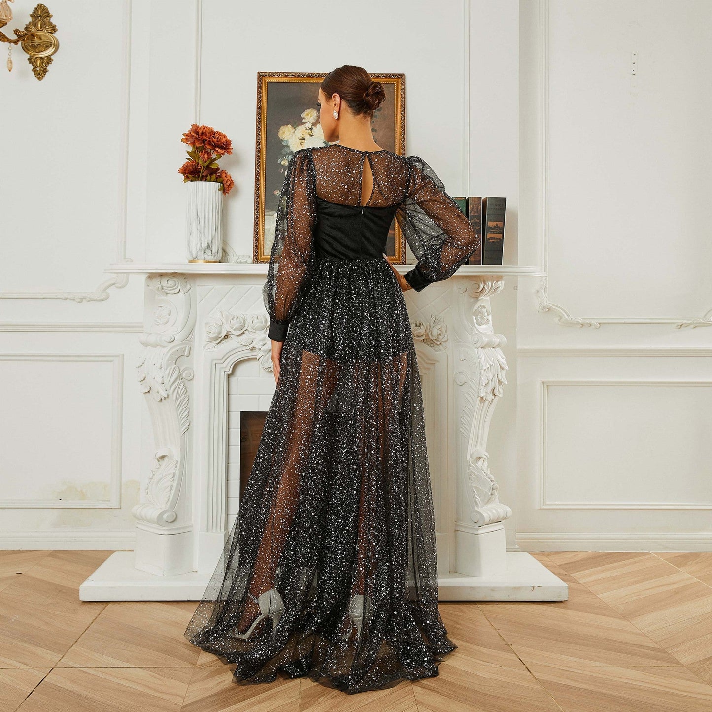 Vestido de noche de gasa con lentejuelas y cuello redondo y manga larga para dama de honor