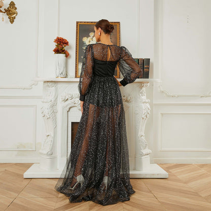 Vestido de noche de gasa con lentejuelas y cuello redondo y manga larga para dama de honor