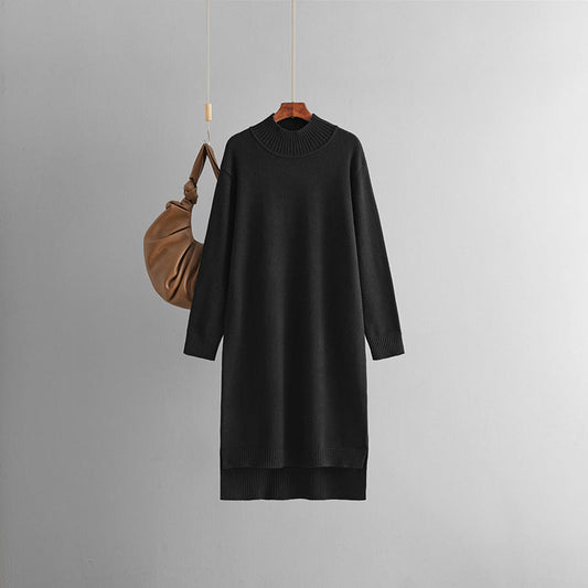 Vestido de punto de cuello alto medio por debajo de la rodilla, largo, holgado, adelgazante, de lana, color liso, para otoño e invierno, para mujer