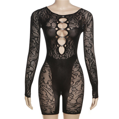 Summer Sexy See through High Waist Long Sleeves Skinny Sheath Yoga Jumpsuit