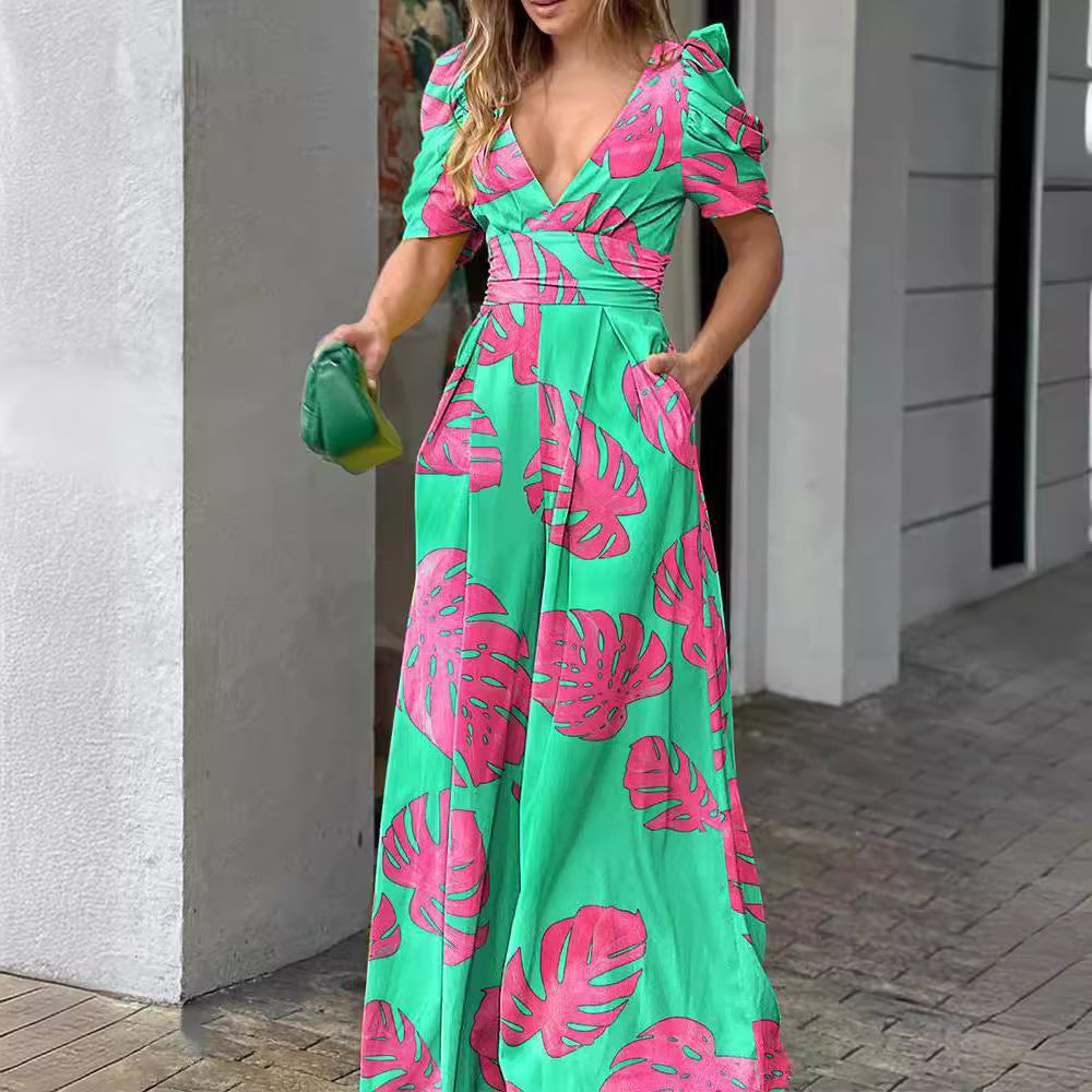 Mono de manga corta con estampado de cuello en V y cintura ajustada para mujer