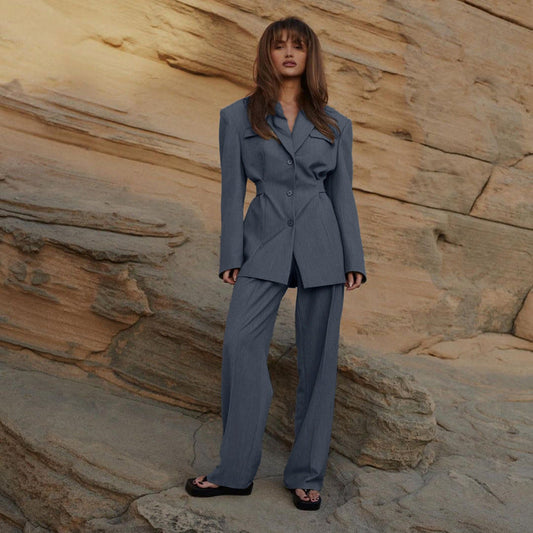 Traje de mujer, primavera, estilo casual, con cuello alto y cintura ajustada, blazer y pantalones.