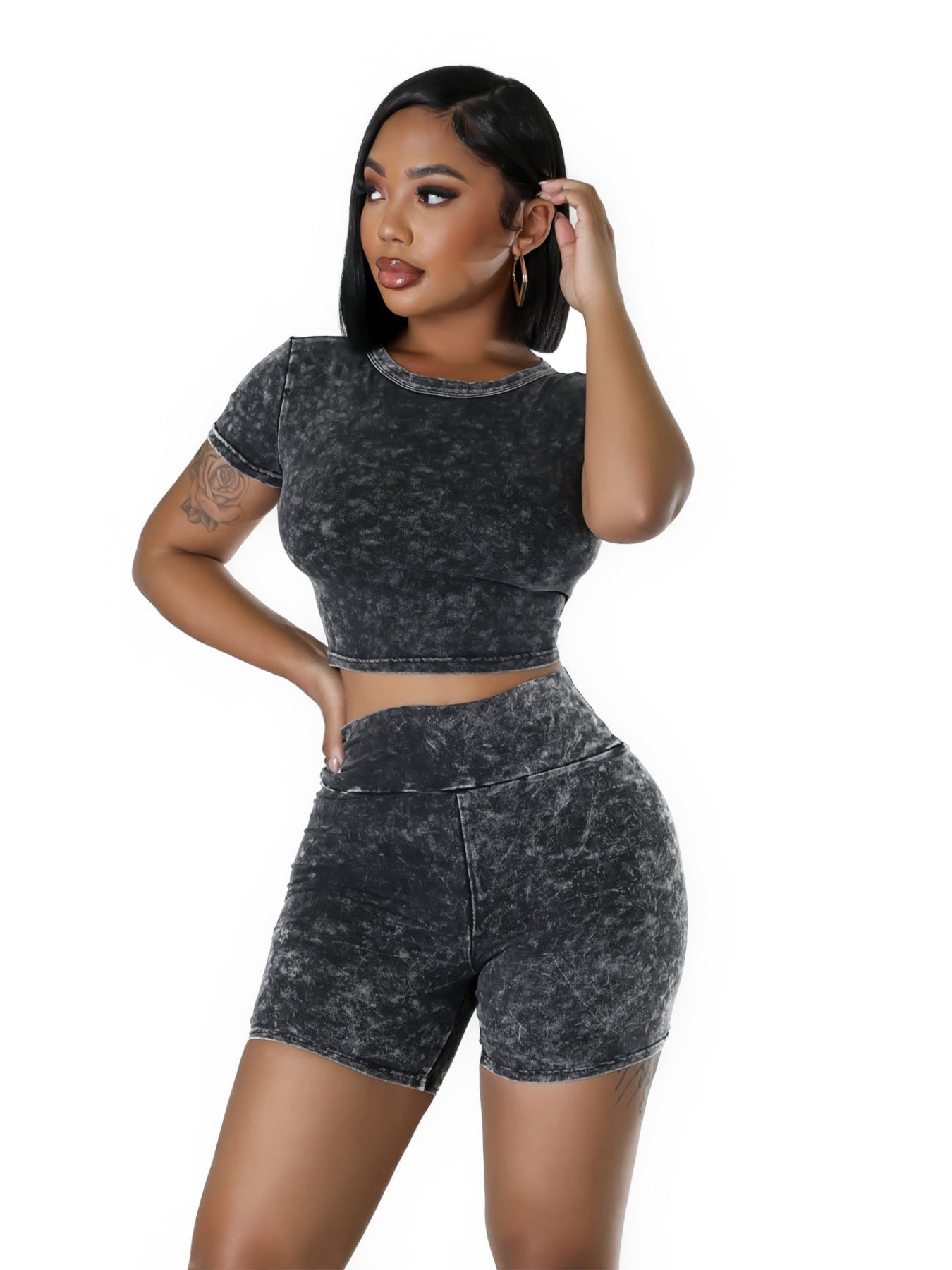 Conjunto de dos piezas con cintura alta, estampado floral, lavado y agradable para la piel para mujer