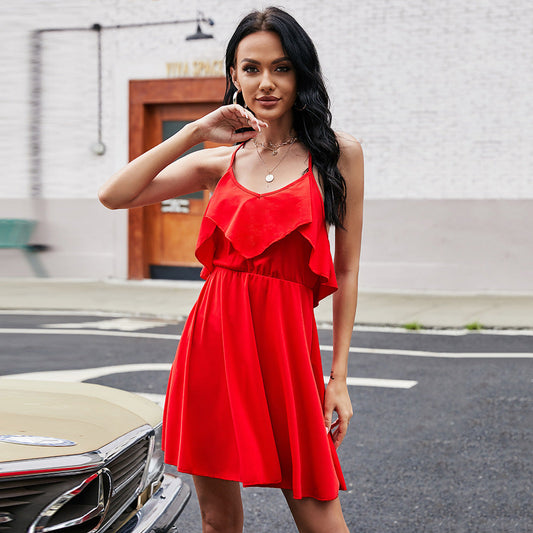 Summer Women Solid Color Backless Pleated Sexy Ruffles Slim Dress Women