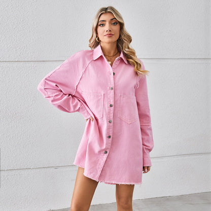 Vestido vaquero con borde sin rematar y costuras de manga larga para mujer